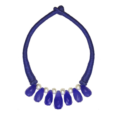 Franki Baker Faceted Blue Natural Chalcedony and Pearl Statement Choker Necklace on Blue Cord. Length: 46cm