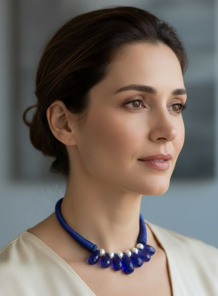 Natural Blue Chalcedony & Pearl Statement Choker Necklace | Franki Baker