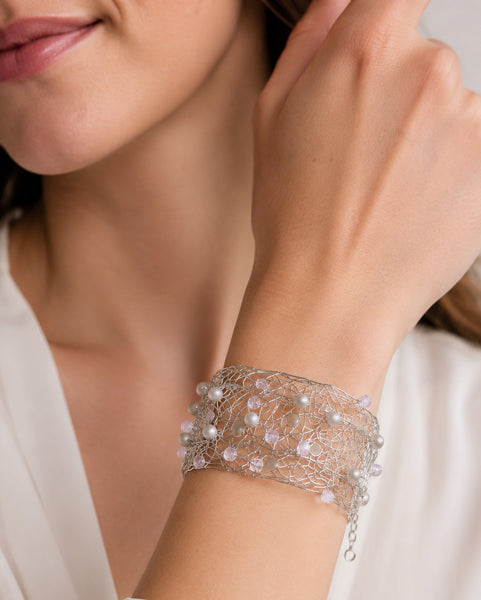 Fine Sterling Silver Wire Cuff Bracelet with Rose Quartz and Pearls