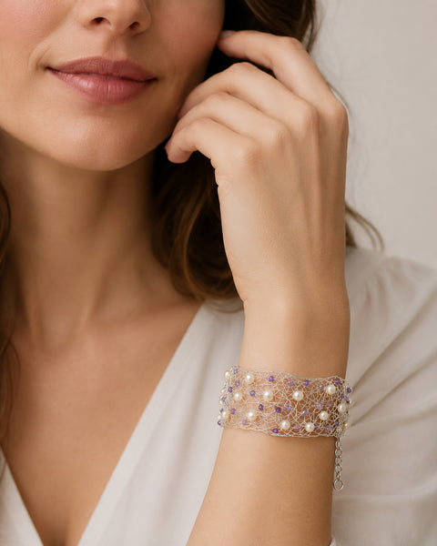 Fine Sterling Silver Wire Cuff Bracelet with Amethysts and Pearls