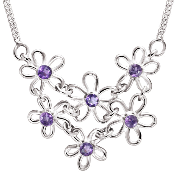 Sterling Silver Natural Amethyst Daisy Flower Necklace, 44cm