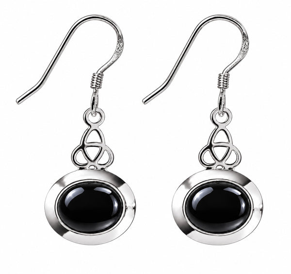 Natural Black Onyx Celtic Drop Earrings in Sterling Silver