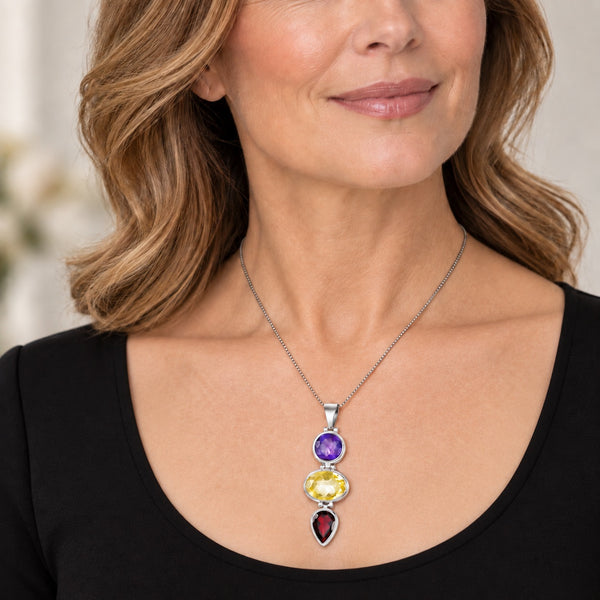 Natural Amethyst, Citrine & Garnet Pendant Necklace