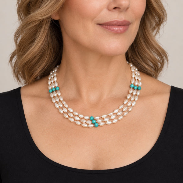 Natural Pearl & Turquoise Necklace in Sterling Silver