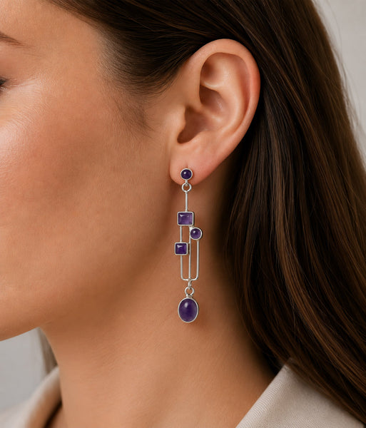 Amethyst and Silver Arts and Crafts Style Drop Earrings