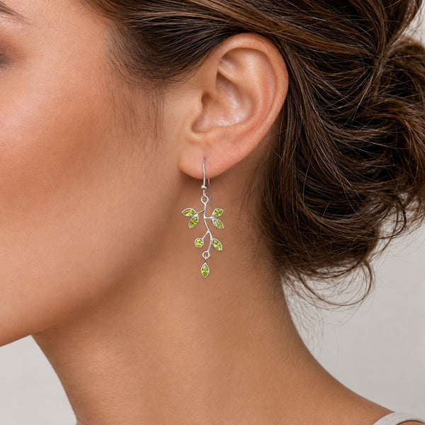 Peridot Vine Leaf Drop Earrings | Faceted Natural Gemstones | 925 Sterling Silver