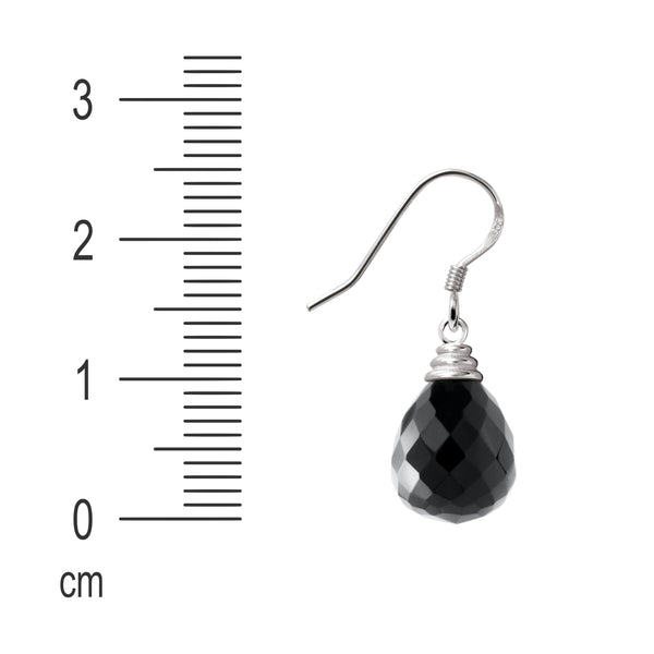 Faceted Briolette Pear Shaped Black Agate Sterling Silver Earrings