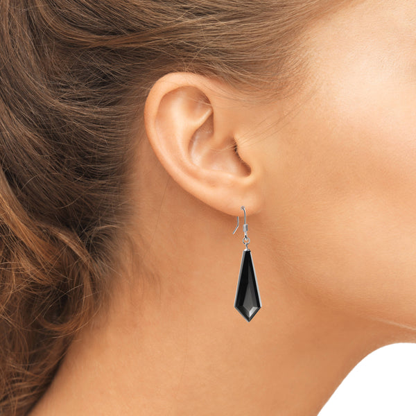 Long Arrow Shaped Black Agate Art Deco Style & Sterling Silver Earrings