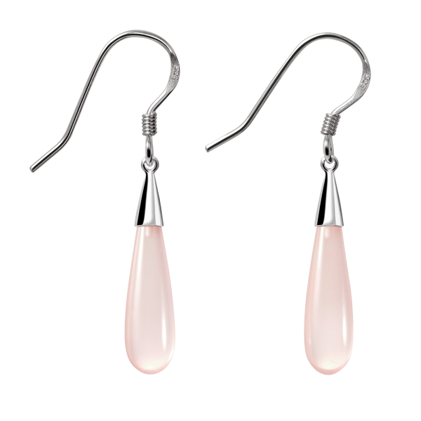 Long Classy Pear Shaped Pink Rose Quartz and Silver Earrings
