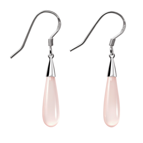 Long Classy Pear Shaped Pink Rose Quartz and Silver Earrings