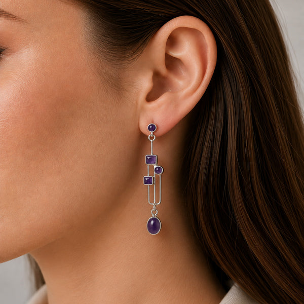 Arts and Crafts Style Amethyst and Sterling Silver Earrings