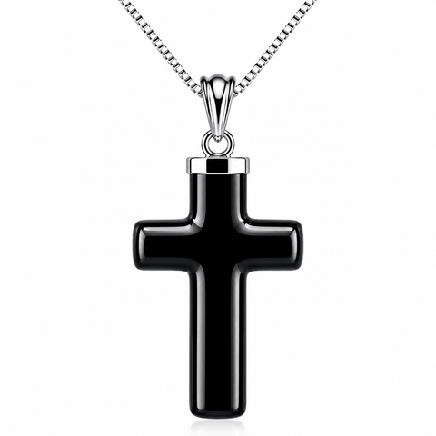 Carved Smooth Black Onyx Cross on Sterling Silver Chain - Franki Baker Jewellery