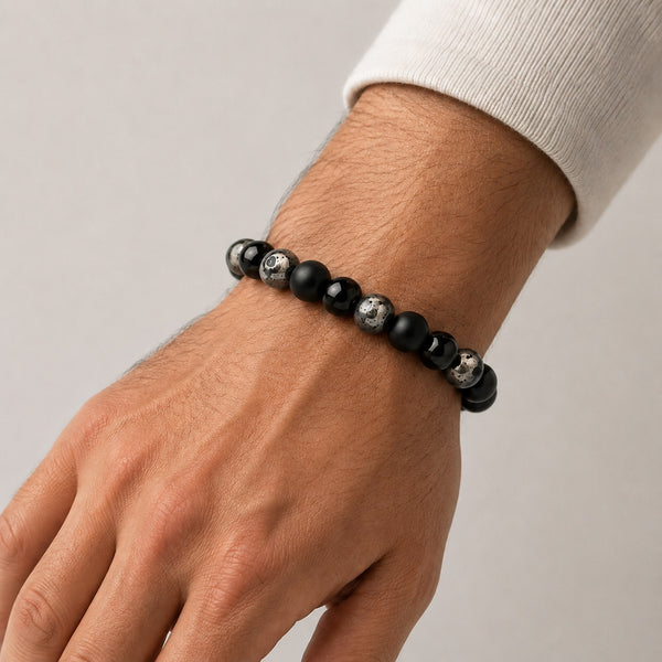 Black & Grey Agate and Hematite Stretch Bracelet