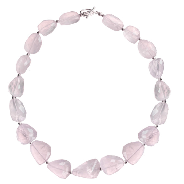Sterling Silver Chunky Statement Pink Natural Rose Quartz Gemstone Necklace. Length: 45cm