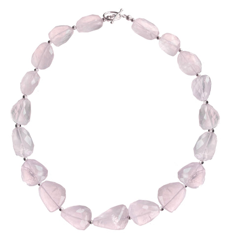Sterling Silver Chunky Statement Pink Natural Rose Quartz Gemstone Necklace. Length: 45cm