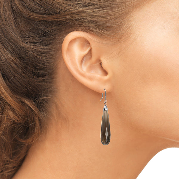 Long Faceted Smoky Quartz and Sterling Silver Pear Earrings