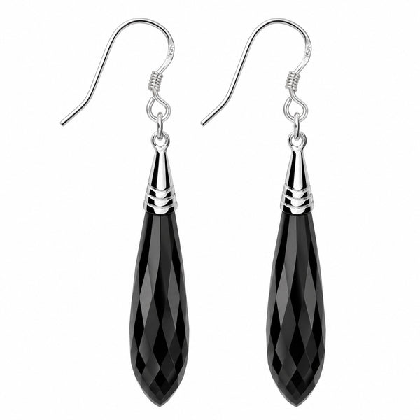 Long Pear Drop Black Agate and Sterling Silver Drop Earrings
