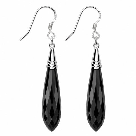 Long Pear Drop Black Agate and Sterling Silver Drop Earrings
