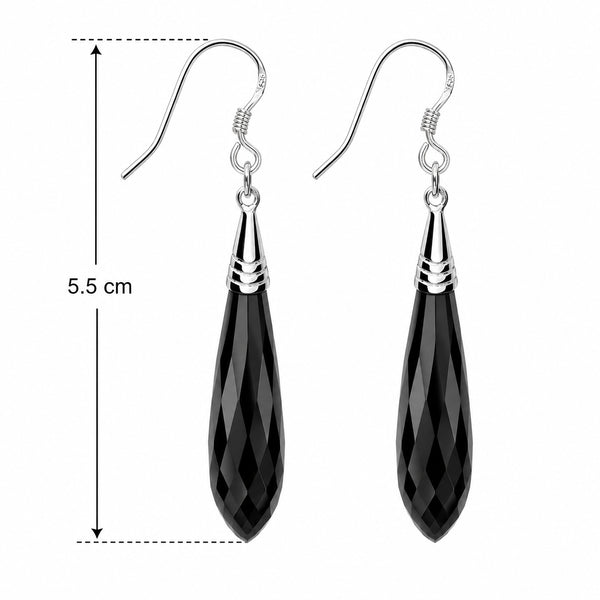 Long Pear Drop Black Agate and Sterling Silver Drop Earrings