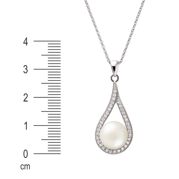 White Pearl Cradled in Pretty CZ and Silver Pendant Necklace