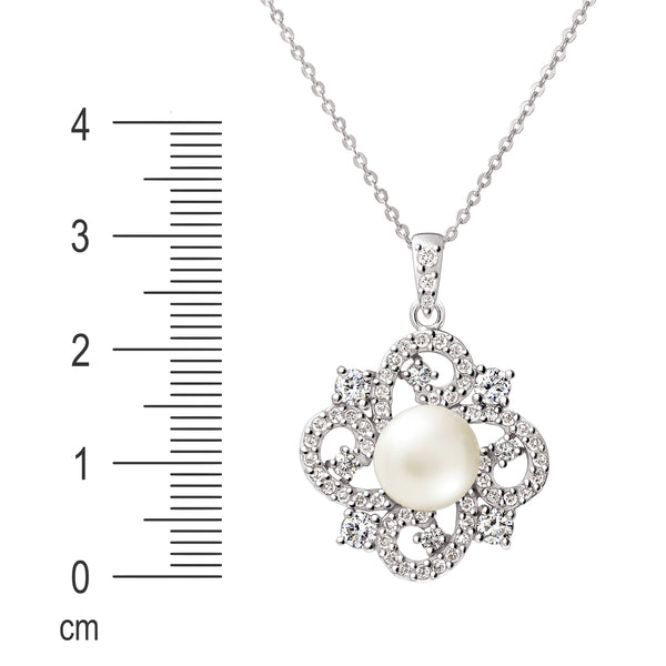 Pearl and Simulated Diamond (CZ) Twirl Pendant on Silver Chain