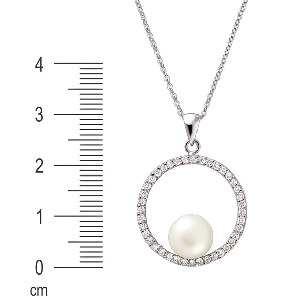 Elegant White Pearl Pendant Set in a CZ Encrusted Romantic Circle