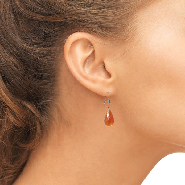 Simple Red Carnelian Gemstone and Sterling Silver Drop Earrings