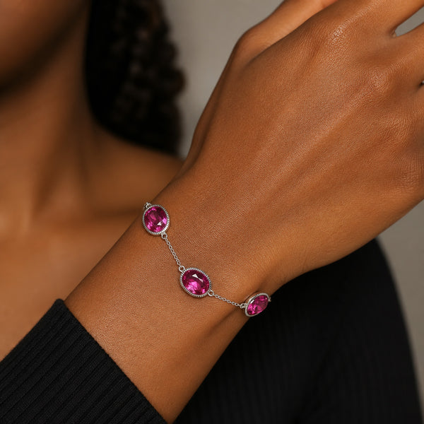 Dainty Deep Pink Faceted Crystals on Sterling Silver Chain Bracelet