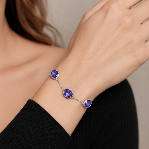 Amethyst Coloured Crystals on Sterling Silver Chain Bracelet
