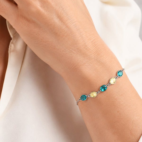 Green and Yellow Crystals on Silver Chain Bracelet