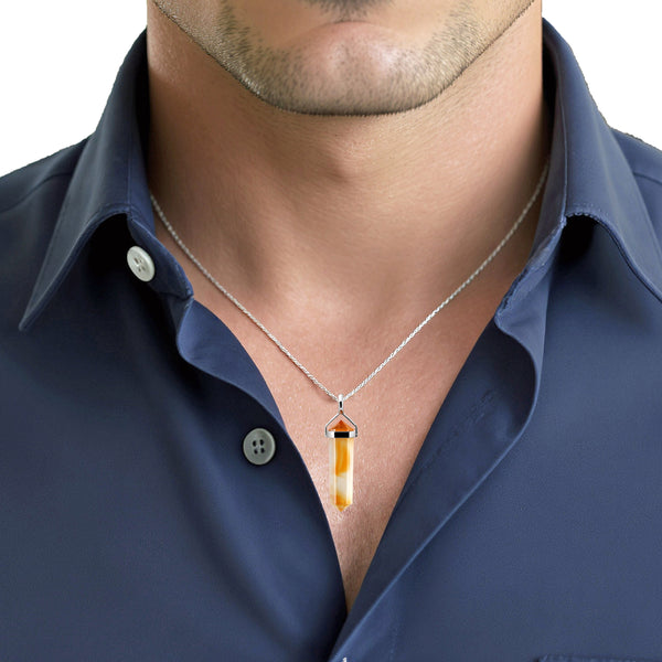 Natural Carnelian Gemstone Double Point Pendant Necklace on Sterling Silver