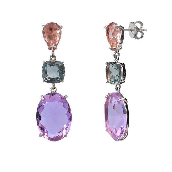 Triple-Drop Statement Earrings 925 Sterling Silver, Pink Amethyst Blue/Green Topaz Lavender Quartz, Art Deco Inspired - Franki Baker Jewellery