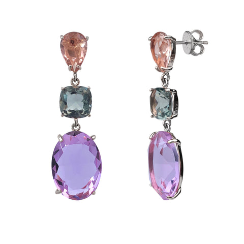 Triple-Drop Statement Earrings 925 Sterling Silver, Pink Amethyst Blue/Green Topaz Lavender Quartz, Art Deco Inspired - Franki Baker Jewellery