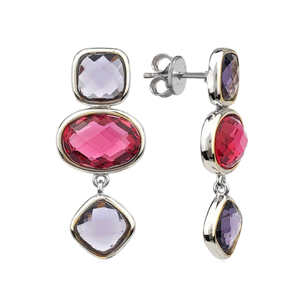 Dangle Earrings 925 Sterling Silver with Amethyst and Pink Tourmaline. Length: 2.7 cm