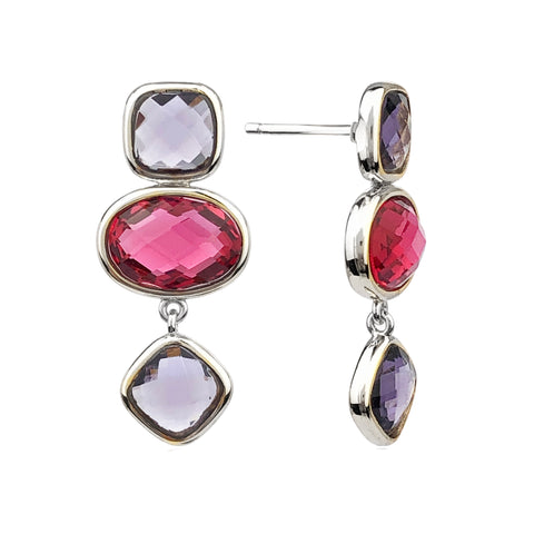 Dangle Earrings 925 Sterling Silver with Amethyst and Pink Tourmaline CZ. Length: 2.7cm