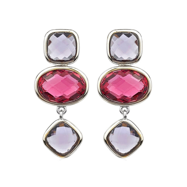 Dangle Earrings 925 Sterling Silver with Amethyst and Pink Tourmaline. Length: 2.7 cm