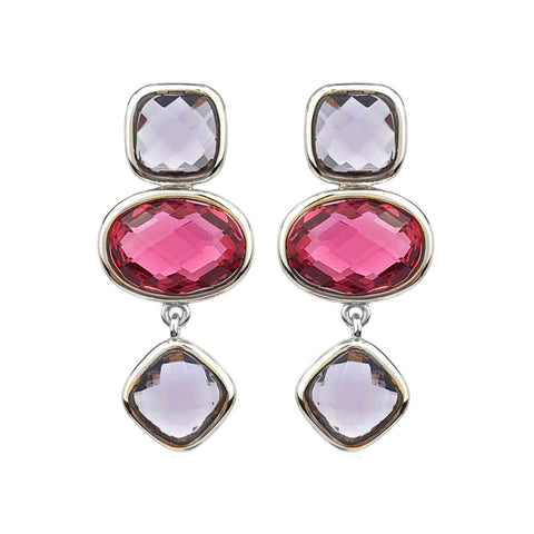 Dangle Earrings 925 Sterling Silver with Amethyst and Pink Tourmaline. Length: 2.7 cm