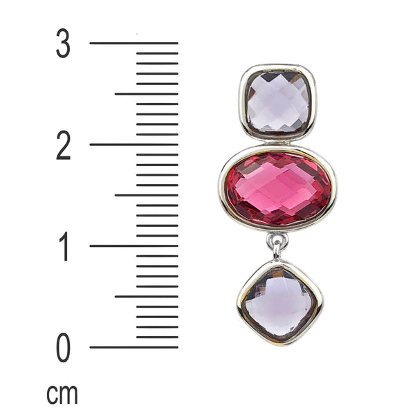 Dangle Earrings 925 Sterling Silver with Amethyst and Pink Tourmaline CZ. Length: 2.7cm