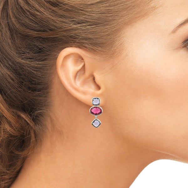 Dangle Earrings 925 Sterling Silver with Amethyst and Pink Tourmaline CZ. Length: 2.7cm