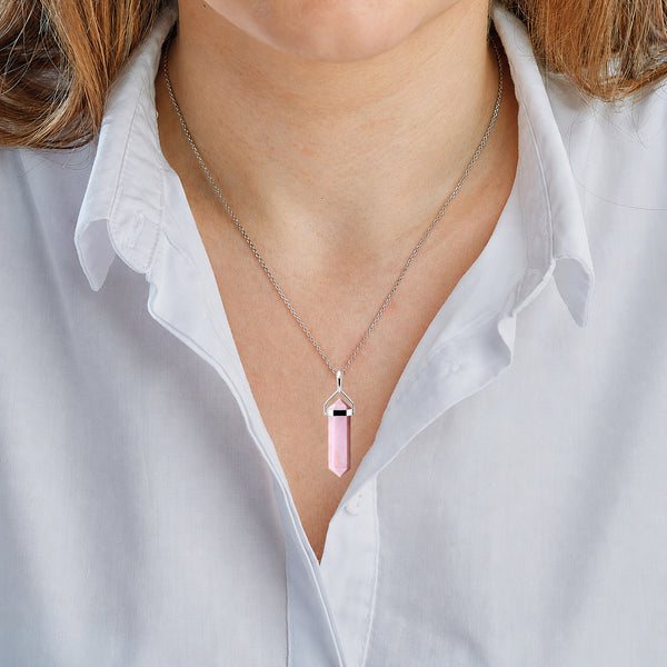 Pink Opal Double Point Pendant Necklace in Sterling Silver