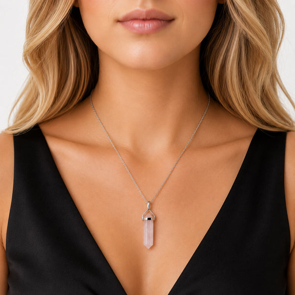 Natural Rose Quartz Double Point Pendant Necklace | Sterling Silver | 3cm