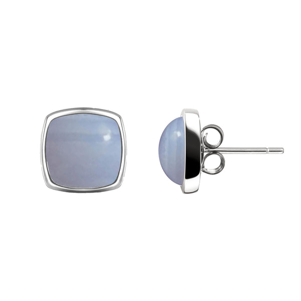 Blue Lace Agate Square Cushion Stud Earrings in Sterling Silver | 1cm