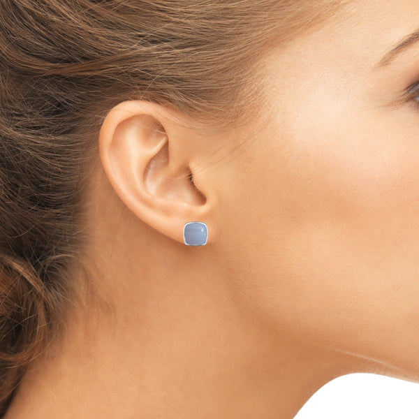Blue Lace Agate Square Cushion Stud Earrings in Sterling Silver | 1cm