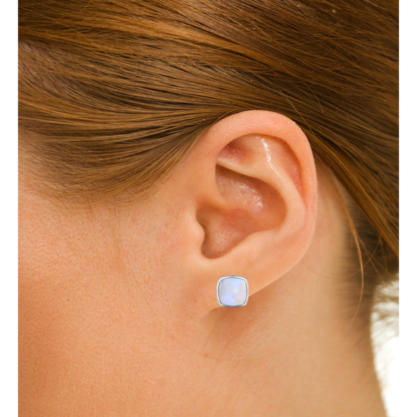 Square Natural Rainbow Moonstone Gemstone Stud Earrings & 925 Sterling Silver. Gem size: 8x8mm