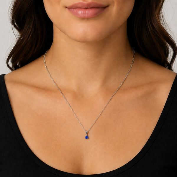 Small Blue Sapphire Gemstone Pendant Necklace on Sterling Silver Chain