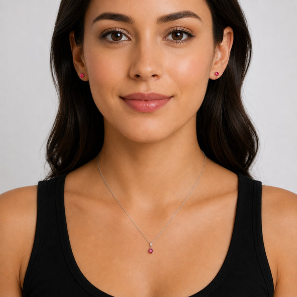 Natural Burmese Ruby Pendant & Stud Earring Set | Sterling Silver