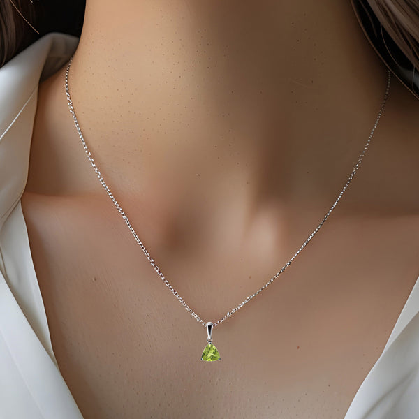 Sterling Silver Small & Dainty Trillion Shape Natural Peridot Gemstone Pendant Necklace 
