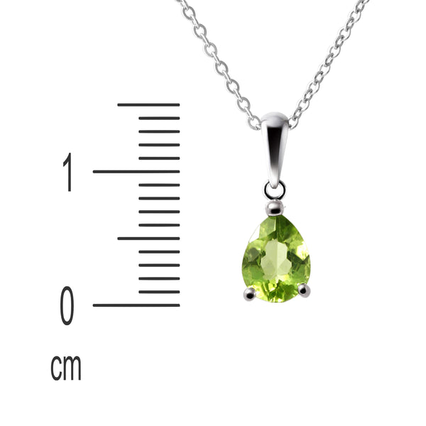 Sterling Silver Small & Dainty Pear Shape Natural Peridot Gemstone Pendant Necklace. Length: 50cm. Pendant Length with bale: 1.4cm