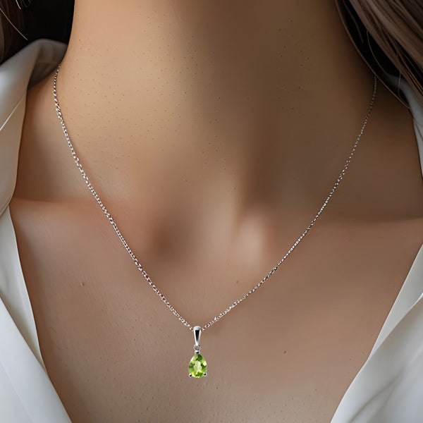 Sterling Silver Small & Dainty Pear Shape Natural Peridot Gemstone Pendant Necklace