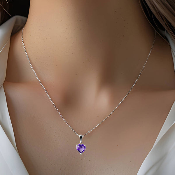 Sterling Silver & Heart Shape Natural Amethyst Pendant Necklace